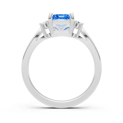 Swiss Blue Topaz Three Stone Emerald Cut Engagement Ring With Accent