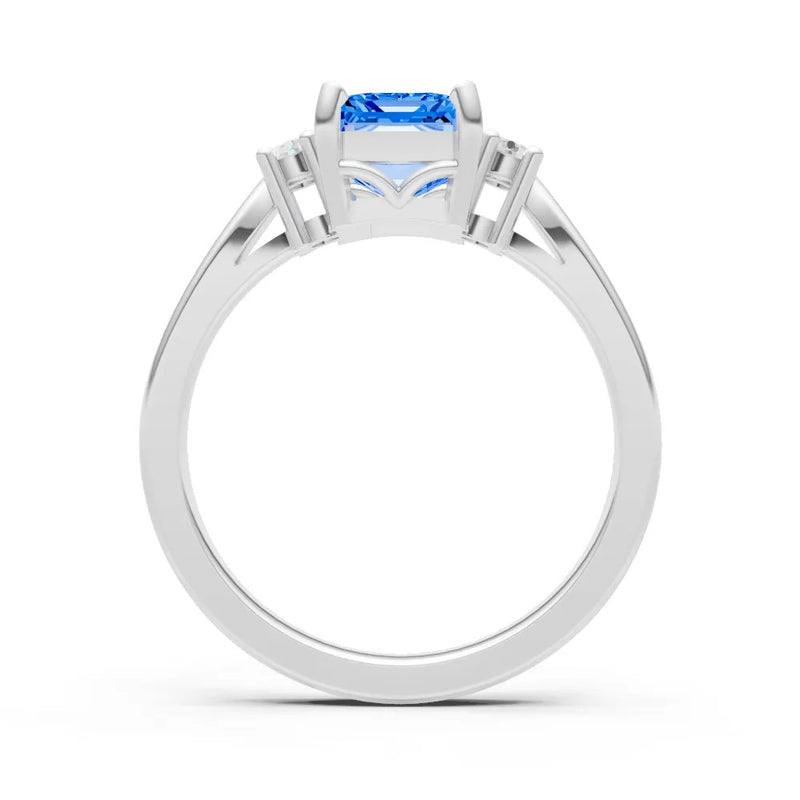 Swiss Blue Topaz Three Stone Emerald Cut Engagement Ring With Accent