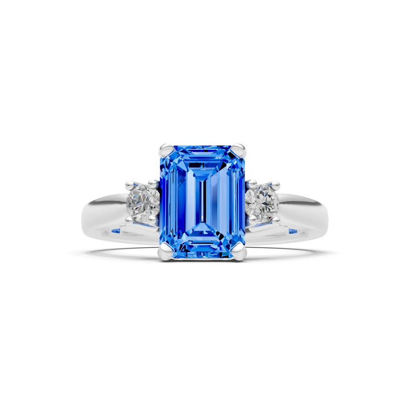 Swiss Blue Topaz Three Stone Emerald Cut Engagement Ring With Accent