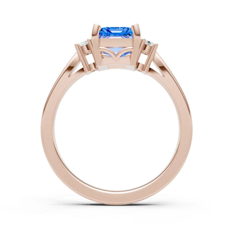 Swiss Blue Topaz Three Stone Emerald Cut Engagement Ring With Accent