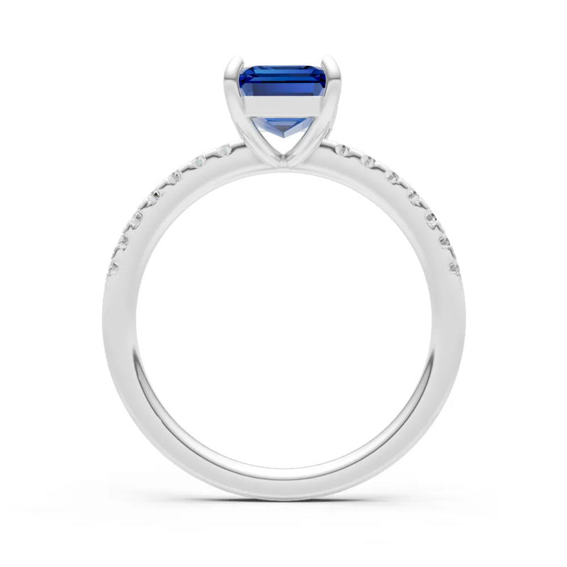 Blue Sapphire Emerald Cut Solitaire Engagement Ring with Accent