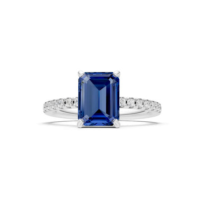 Blue Sapphire Emerald Cut Solitaire Engagement Ring with Accent