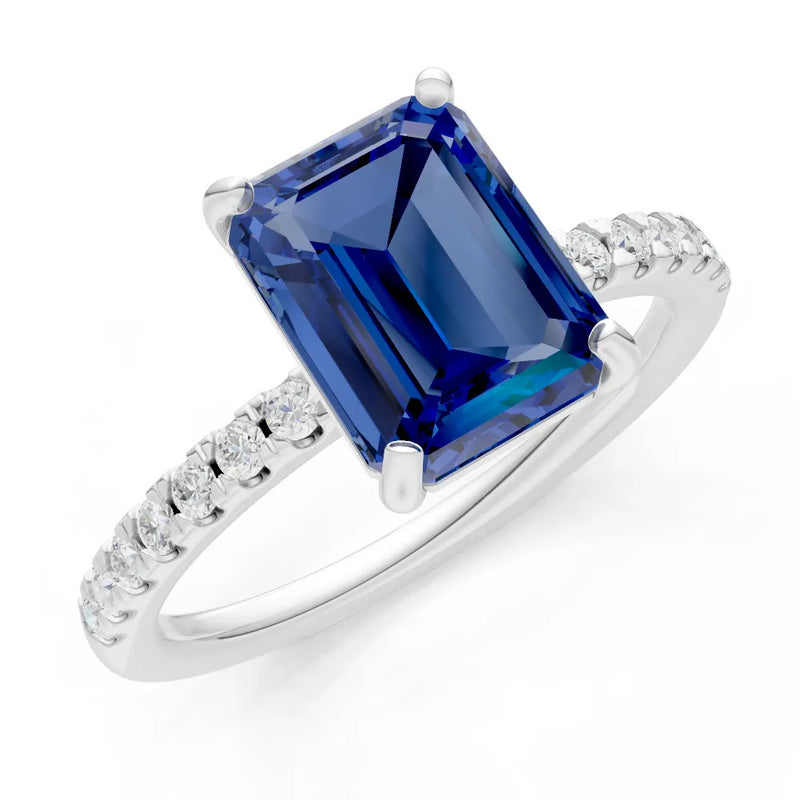 Blue Sapphire Emerald Cut Solitaire Engagement Ring with Accent