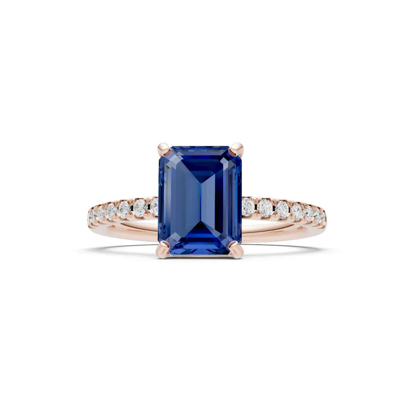 Blue Sapphire Emerald Cut Solitaire Engagement Ring with Accent