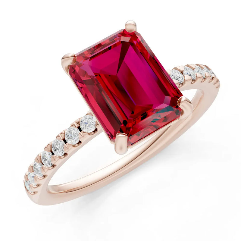 Ruby Emerald Cut Solitaire Engagement Ring with Accent