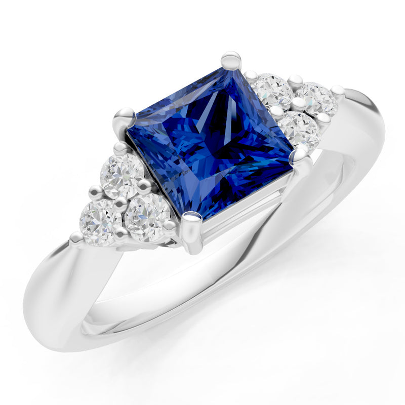 Blue Sapphire Antique Inspired Design Princess Cut Engagement Ring