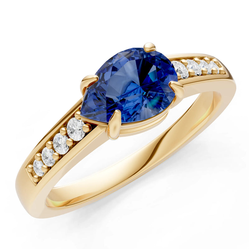 Blue Sapphire East West Pear Gemstone Ring with Accents