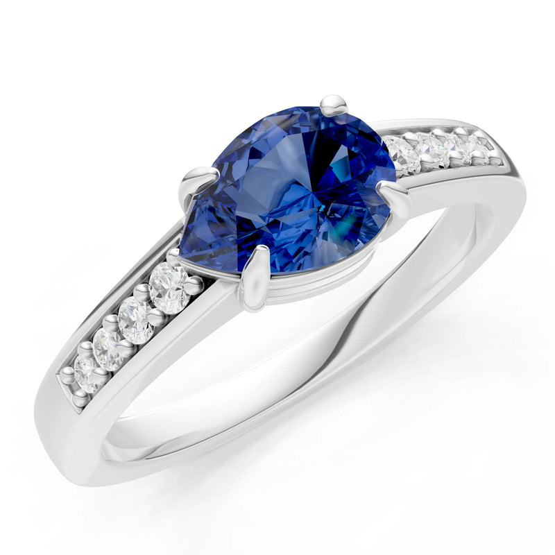 Blue Sapphire East West Pear Gemstone Ring with Accents