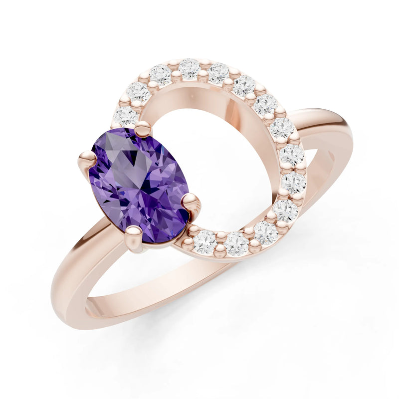 Amethyst Circle Diamond Ring with Oval Gemstone