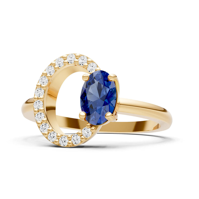 Blue Sapphire Circle Diamond Ring with Oval Gemstone