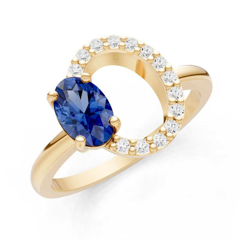 Blue Sapphire Circle Diamond Ring with Oval Gemstone