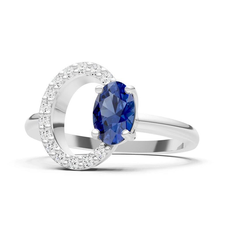 Blue Sapphire Circle Diamond Ring with Oval Gemstone