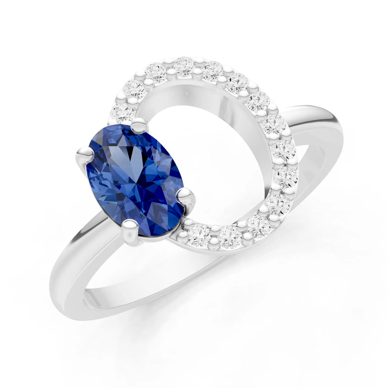 Blue Sapphire Circle Diamond Ring with Oval Gemstone
