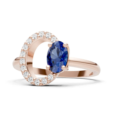 Blue Sapphire Circle Diamond Ring with Oval Gemstone