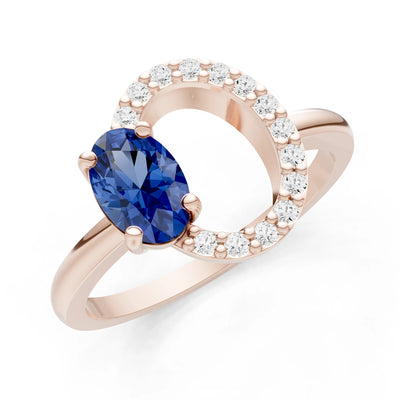 Blue Sapphire Circle Diamond Ring with Oval Gemstone