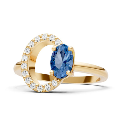 London Blue Topaz Circle Diamond Ring with Oval Gemstone