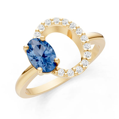 London Blue Topaz Circle Diamond Ring with Oval Gemstone