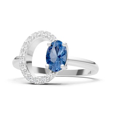 London Blue Topaz Circle Diamond Ring with Oval Gemstone