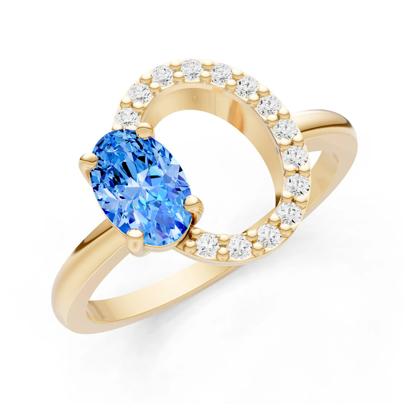 Swiss Blue Topaz Circle Diamond Ring with Oval Gemstone