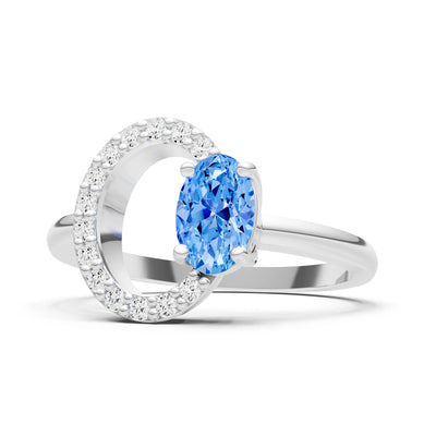 Swiss Blue Topaz Circle Diamond Ring with Oval Gemstone