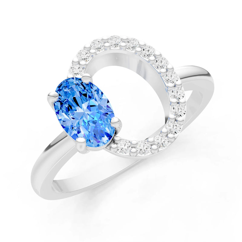 Swiss Blue Topaz Circle Diamond Ring with Oval Gemstone