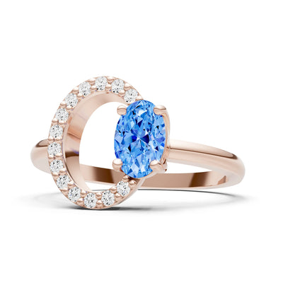 Swiss Blue Topaz Circle Diamond Ring with Oval Gemstone