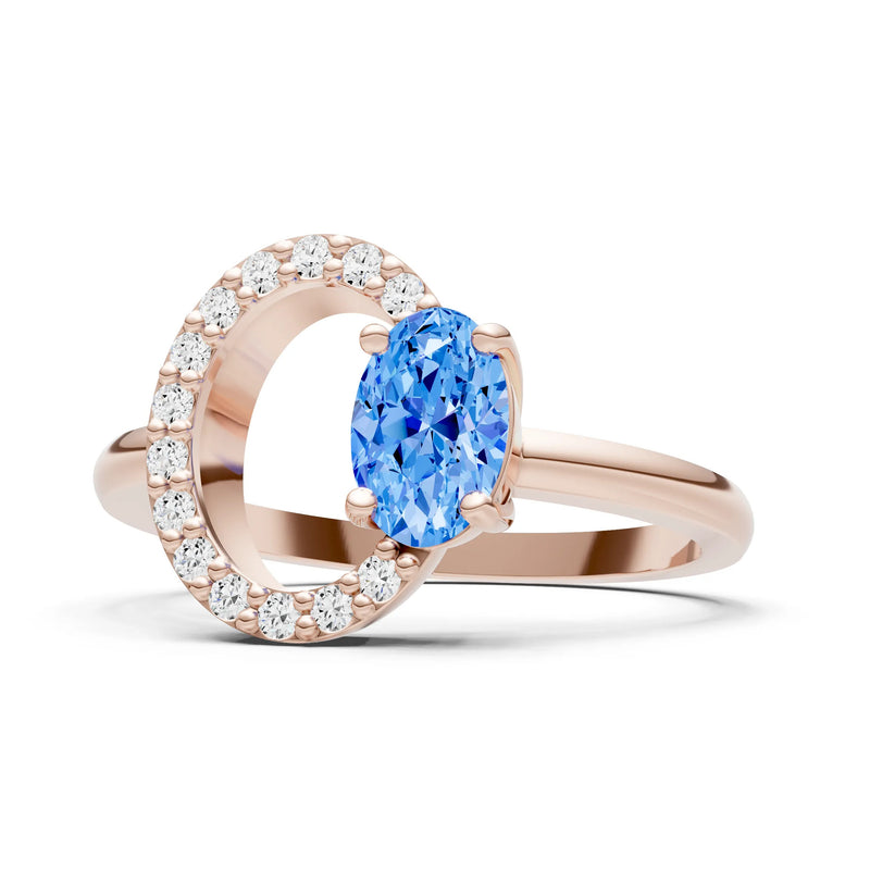 Swiss Blue Topaz Circle Diamond Ring with Oval Gemstone