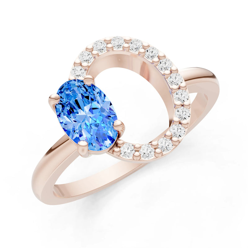 Swiss Blue Topaz Circle Diamond Ring with Oval Gemstone