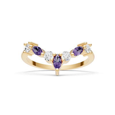 Round and Marquise Lab Grown Diamonds Chevron Wedding Gold Ring