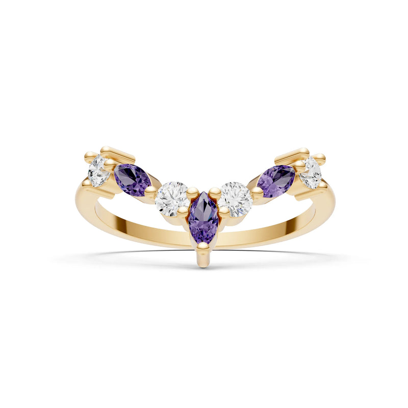 Round and Marquise Lab Grown Diamonds Chevron Wedding Gold Ring