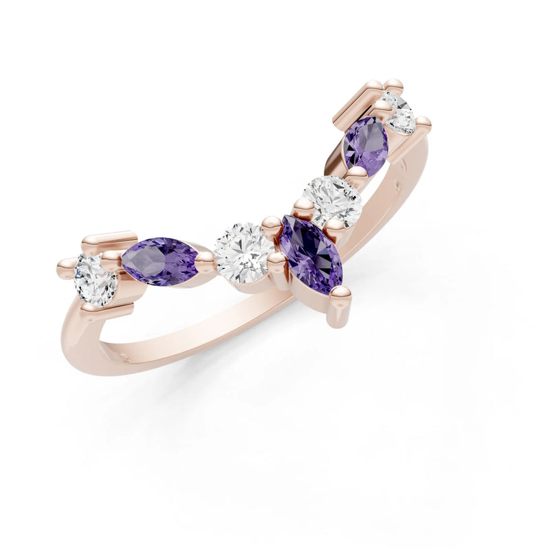 Amethyst Round and  Marquise Chevron Wedding Ring