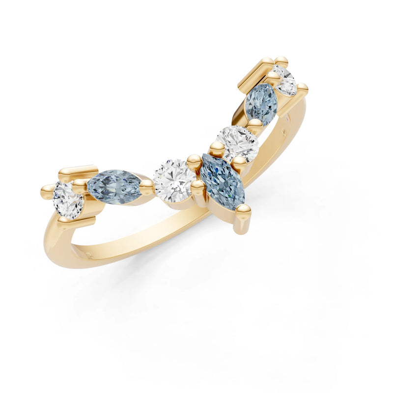 Round and Marquise Lab Grown Diamonds Chevron Wedding Gold Ring