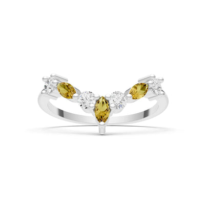 Round and Marquise Lab Grown Diamonds Chevron Wedding Gold Ring
