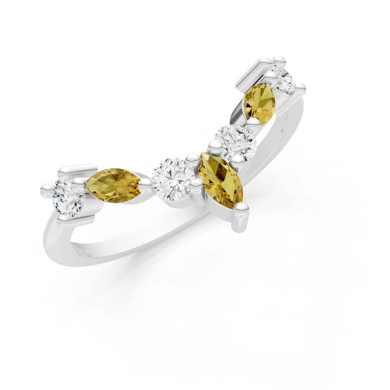Round and Marquise Lab Grown Diamonds Chevron Wedding Gold Ring