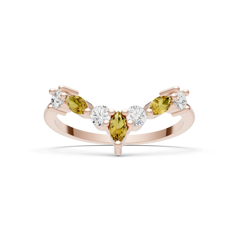 Round and Marquise Lab Grown Diamonds Chevron Wedding Gold Ring