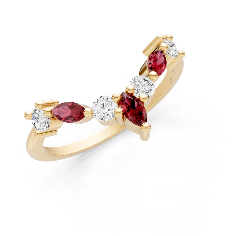 Round and Marquise Lab Grown Diamonds Chevron Wedding Gold Ring
