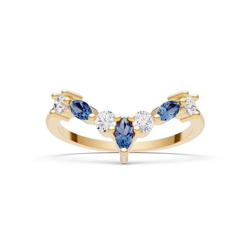Round and Marquise Lab Grown Diamonds Chevron Wedding Gold Ring