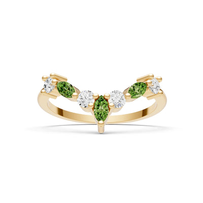 Round and Marquise Lab Grown Diamonds Chevron Wedding Gold Ring