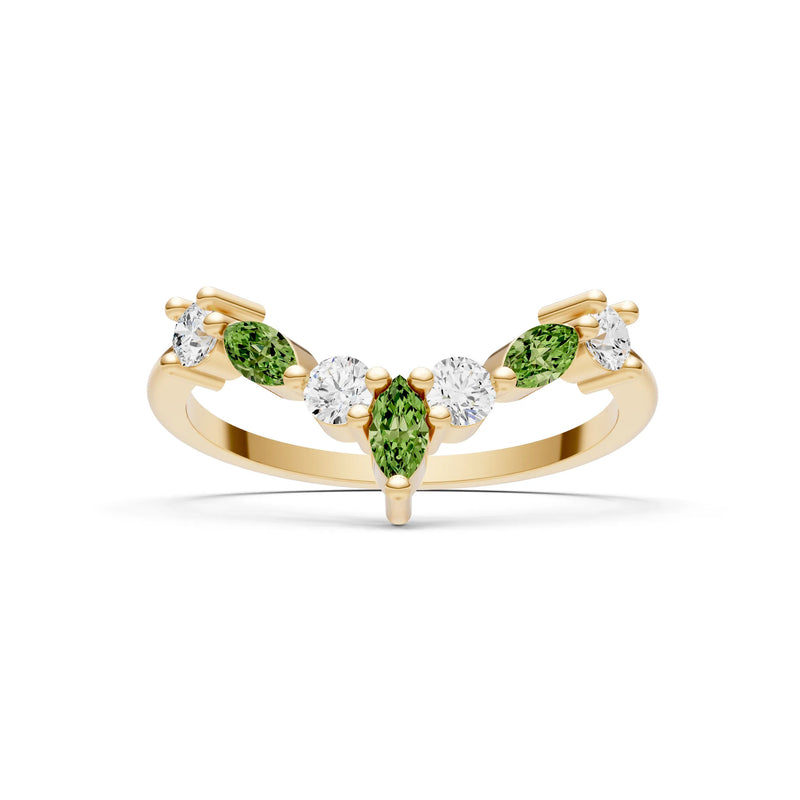 Round and Marquise Lab Grown Diamonds Chevron Wedding Gold Ring