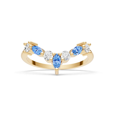 Round and Marquise Lab Grown Diamonds Chevron Wedding Gold Ring