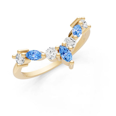 Round and Marquise Lab Grown Diamonds Chevron Wedding Gold Ring