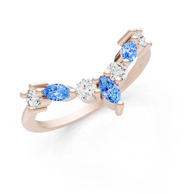 Round and Marquise Lab Grown Diamonds Chevron Wedding Gold Ring
