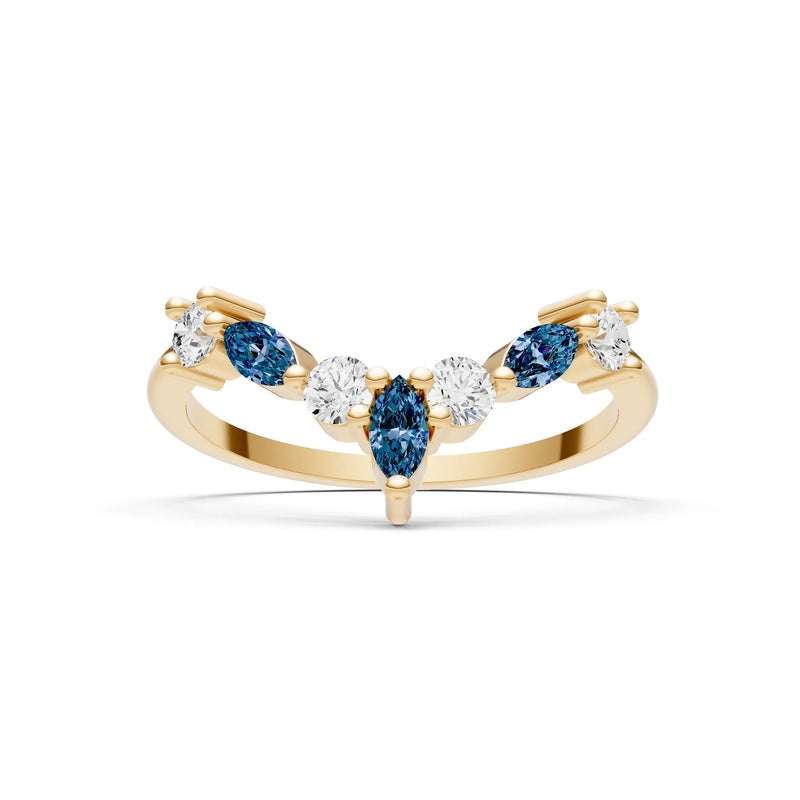 Round and Marquise Lab Grown Diamonds Chevron Wedding Gold Ring