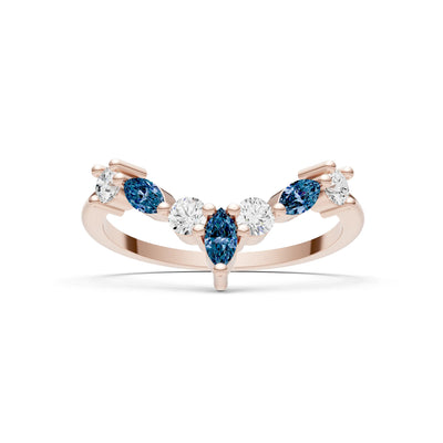 Round and Marquise Lab Grown Diamonds Chevron Wedding Gold Ring