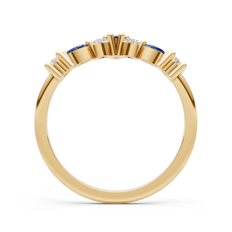 Blue Sapphire Round and  Marquise Chevron Wedding Ring