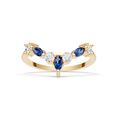 Blue Sapphire Round and  Marquise Chevron Wedding Ring