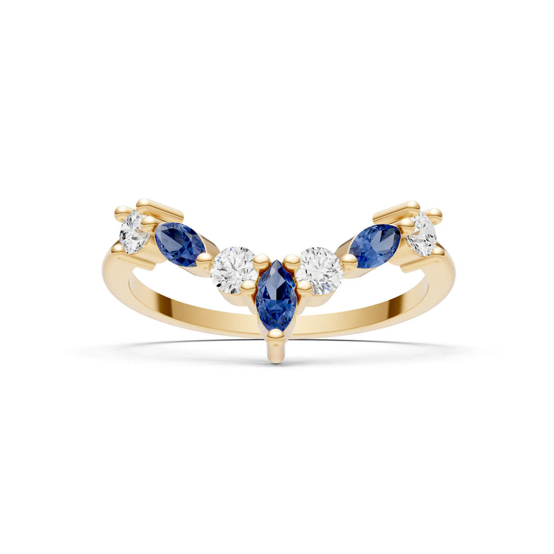 Blue Sapphire Round and  Marquise Chevron Wedding Ring