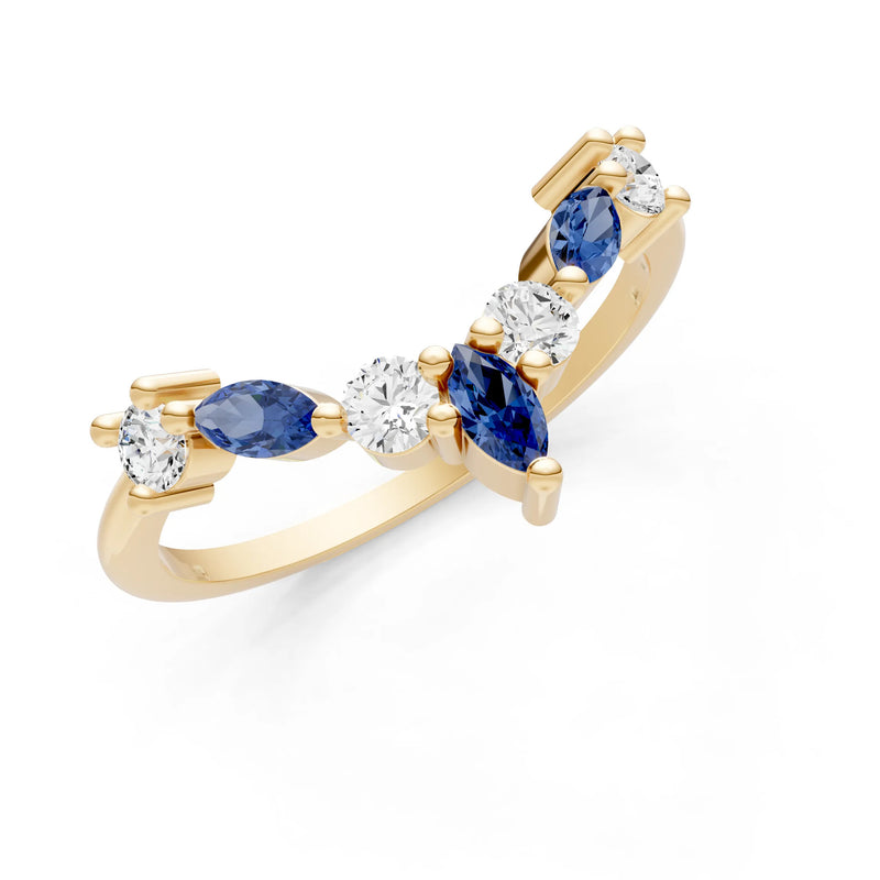 Round and Marquise Lab Grown Diamonds Chevron Wedding Gold Ring