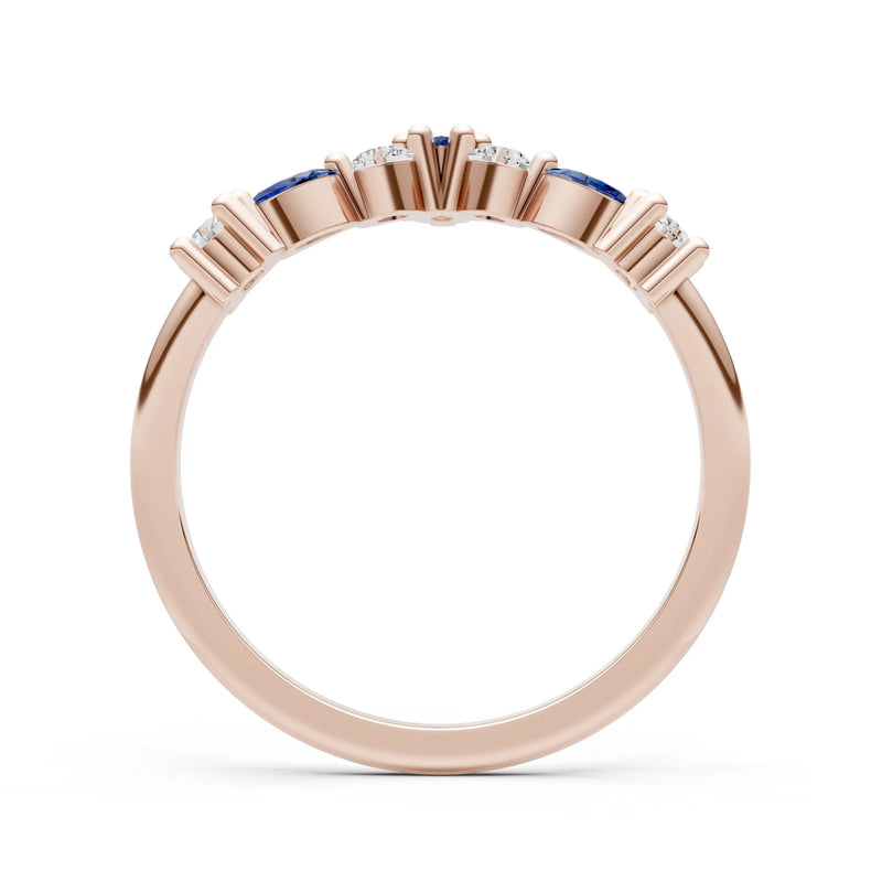 Blue Sapphire Round and  Marquise Chevron Wedding Ring