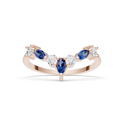 Blue Sapphire Round and  Marquise Chevron Wedding Ring